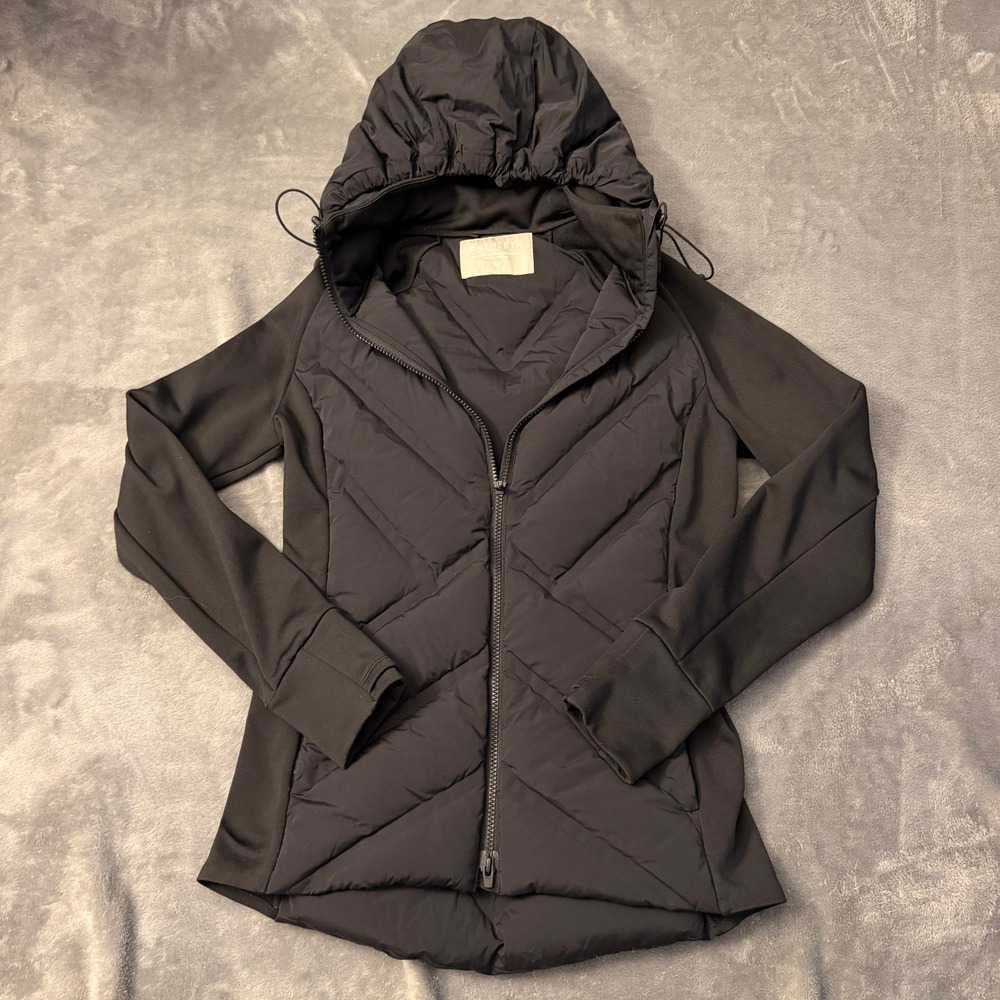 Athleta Medium Inlet Detachable Hooded Puffer Down Jacket Black Hybrid Quilted